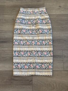 Vintage Vivaldi Jeanswear Striped Floral Button-Front Pencil Skirt
